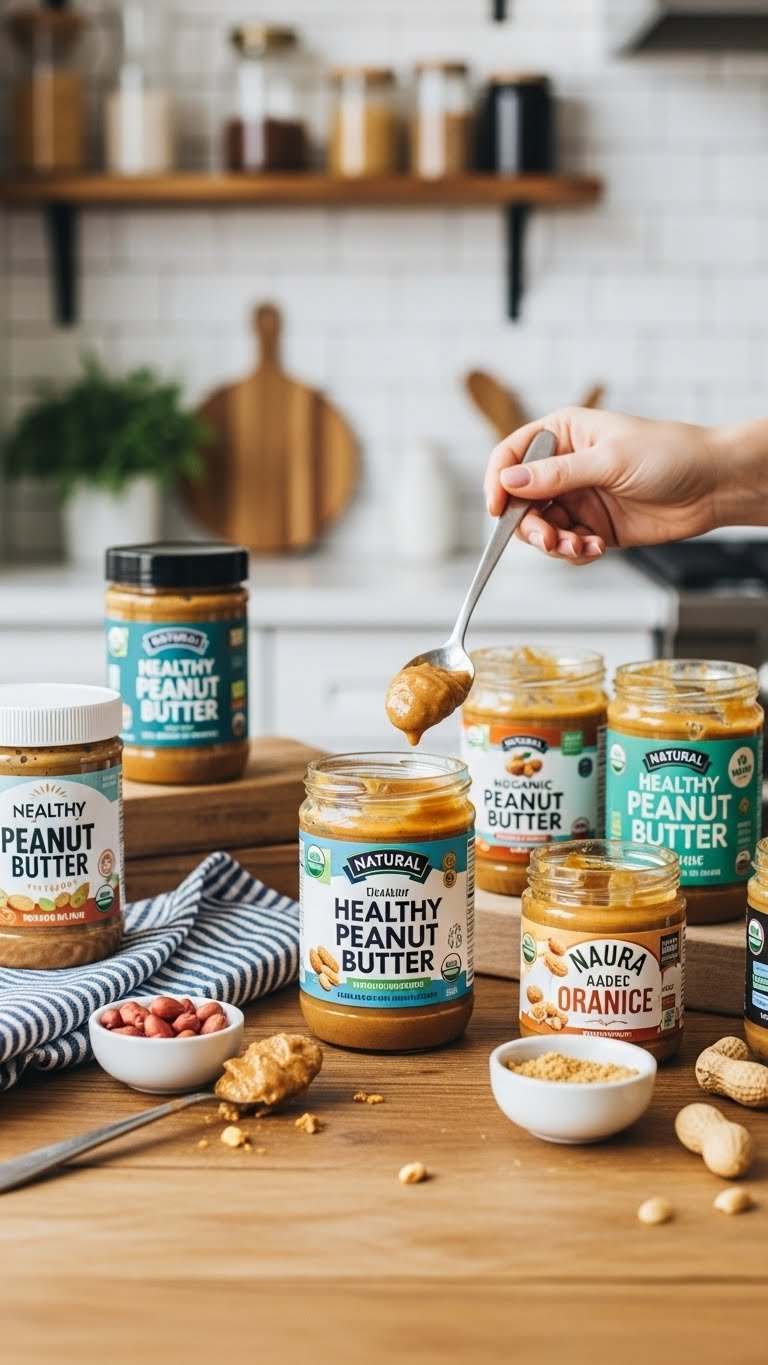 Assortment Of Natural Peanut Butter Jars With Spoon On Rustic Wooden Kitchen Table