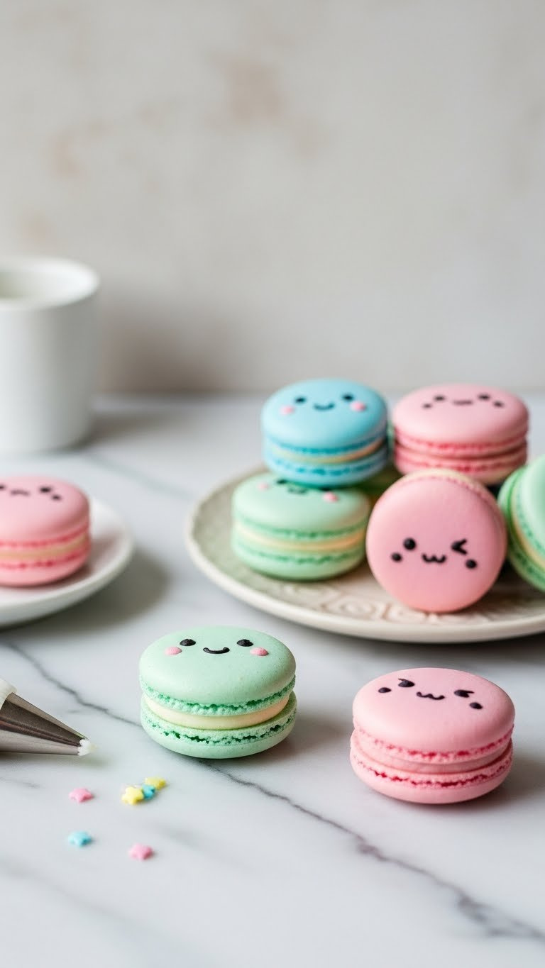 Assortment Of Pastel Macarons With Minimalist Kawaii Faces Arranged On Marble Countertop