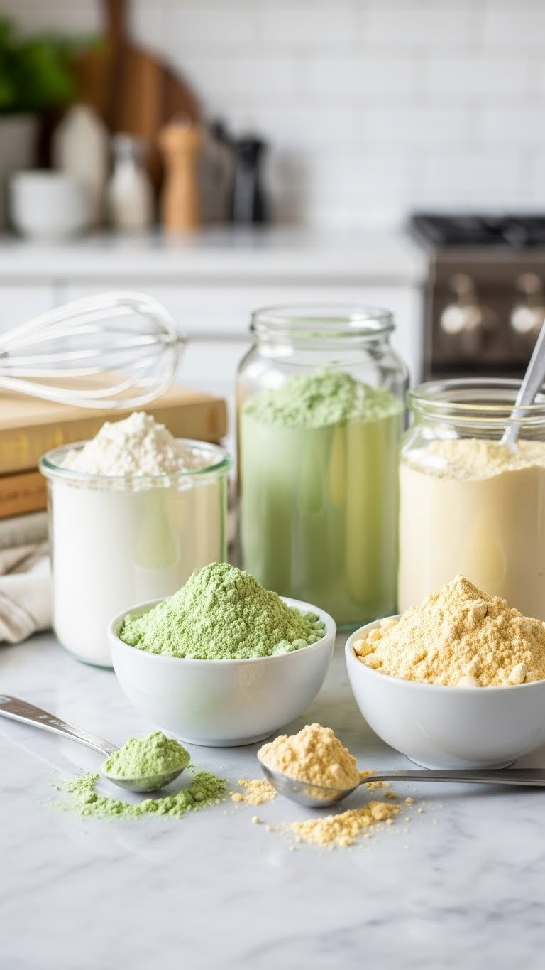 Assortment Of Protein Powders In Glass Jars Including Creamy Casein, Pale Green Pea Protein, And Light Yellow Whey Isolate With Measuring Spoon On Marble Countertop