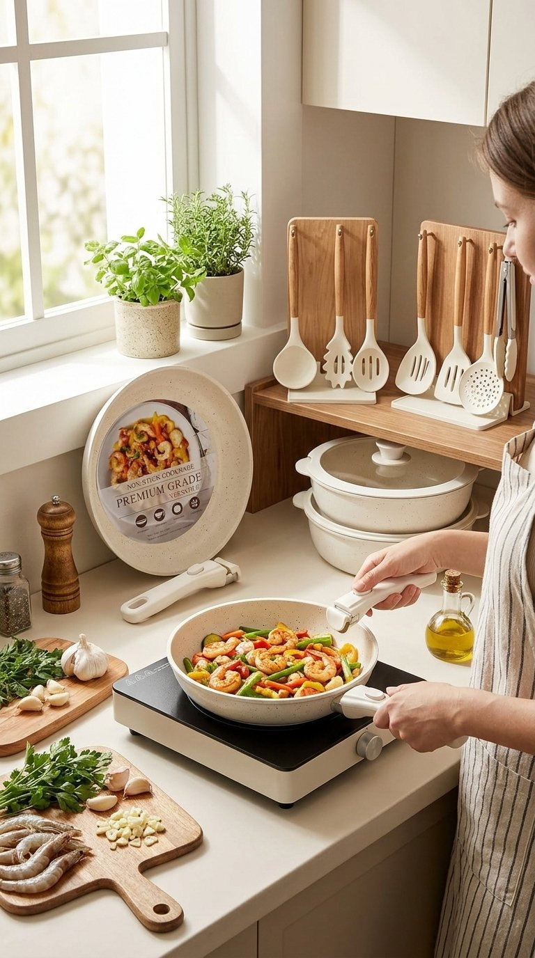 An Overhead View Of The Stacked Astercook Ceramic Non-Stick Cookware Set Showing Its Space-Saving Design.