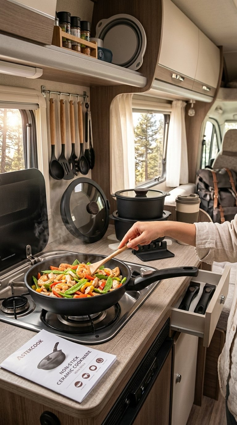 Astercook Rv Cookware Set In A Campervan Kitchen Setting.