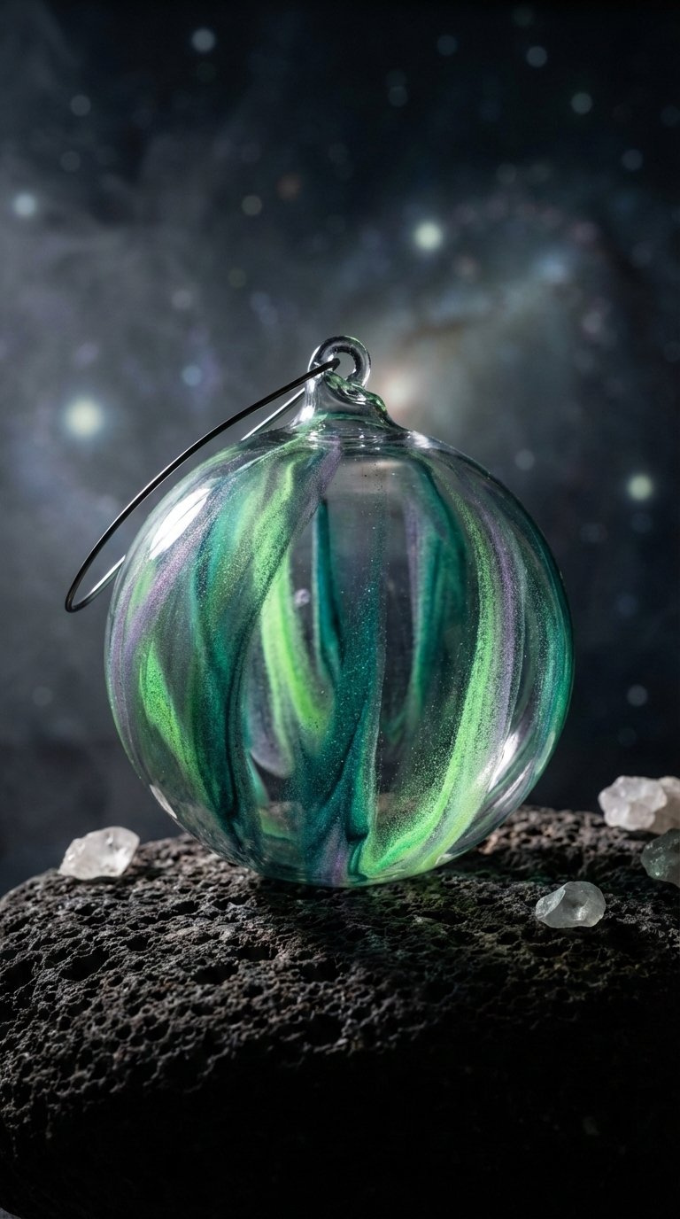 Aurora Borealis Galaxy Ornament With Electric Green And Teal Ribbons Evoking Northern Lights On Volcanic Rock Surface