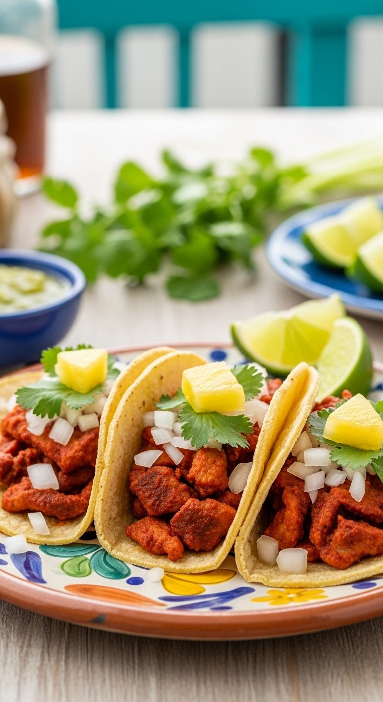 Authentic Tacos Al Pastor With Marinated Pork, Pineapple, And Cilantro Served On A Colorful Rustic Ceramic Plate.