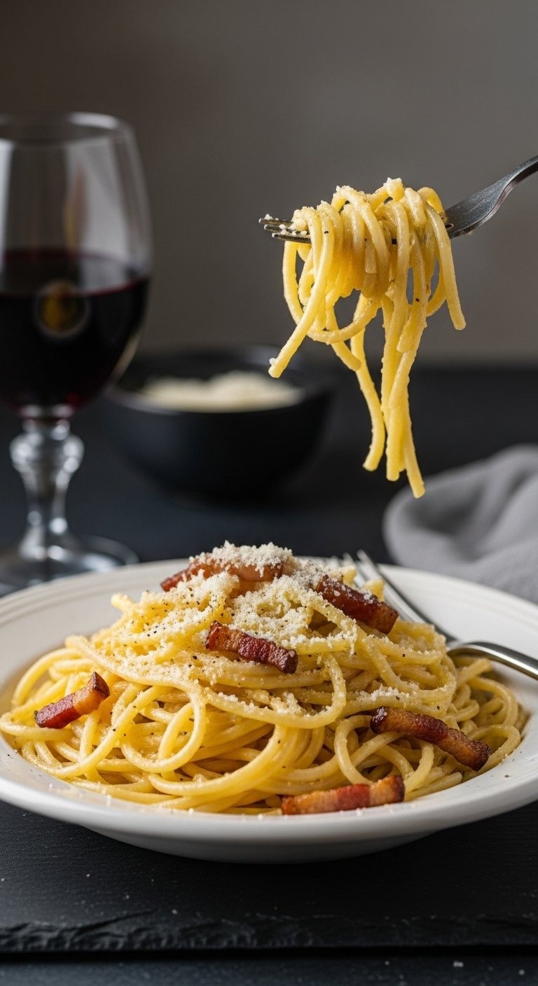 Authentic Spaghetti Carbonara Coated In A Glossy Emulsified Sauce With Crispy Guanciale And Black Pepper.
