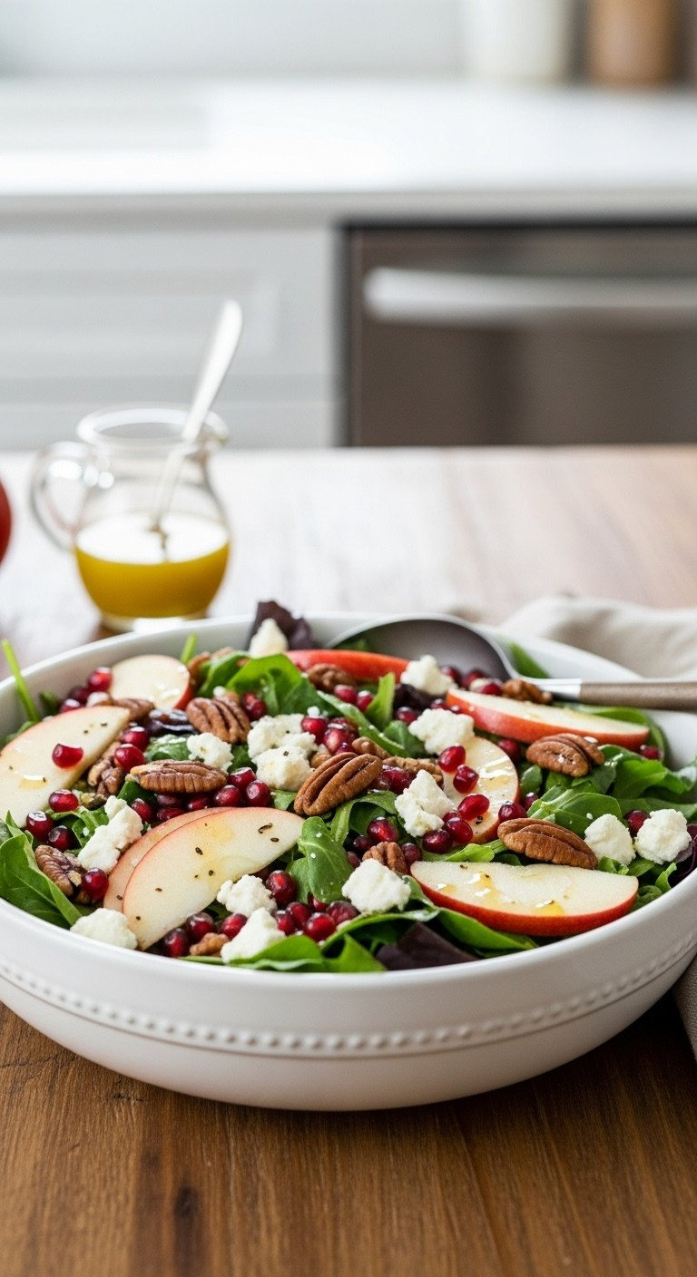 Autumn Harvest Salad: Vibrant Greens, Honeycrisp Apples, Pomegranate Seeds, Feta, Pecans In White Bowl, Rustic Table.