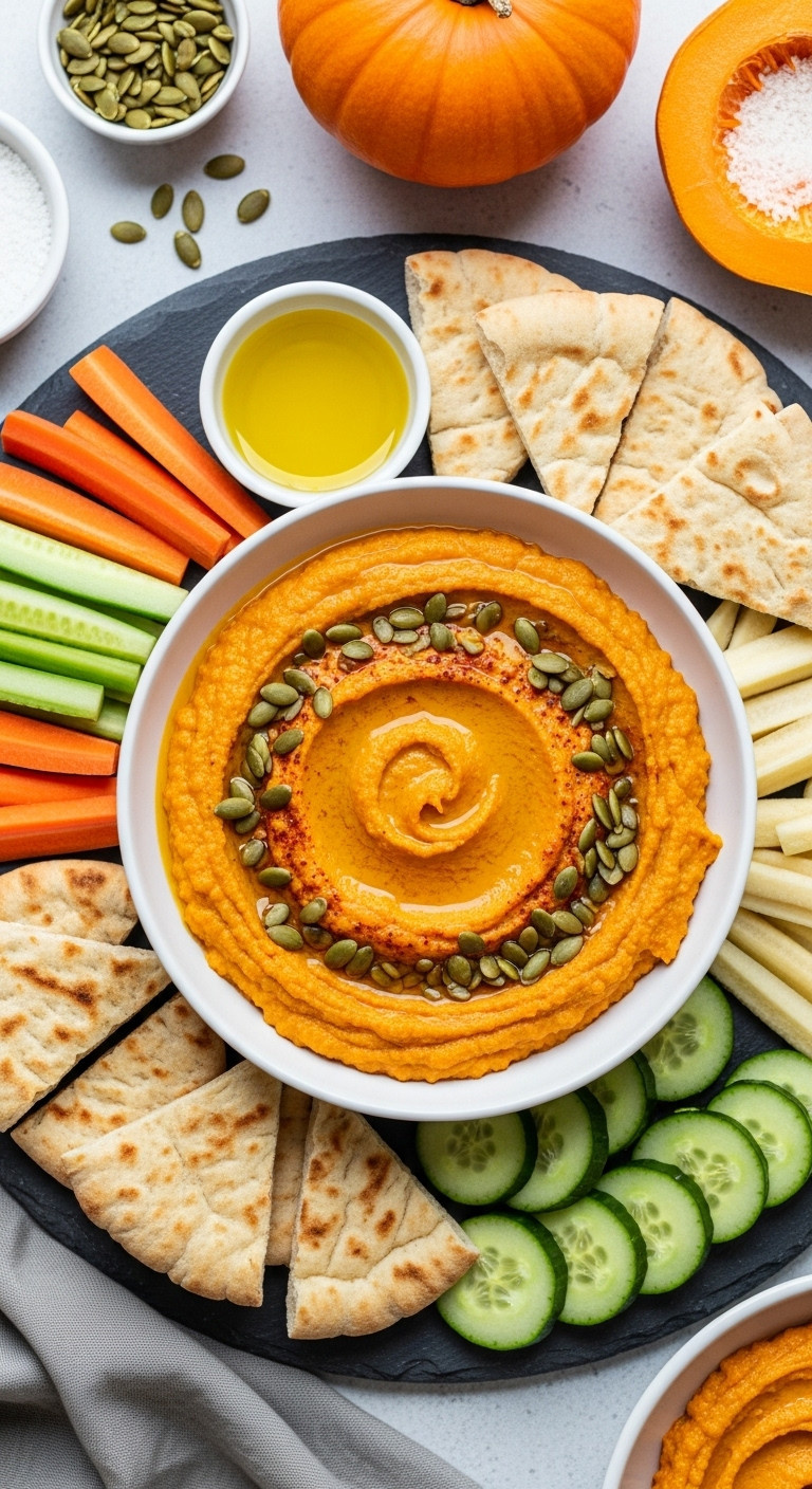 Autumn Harvest Pumpkin Hummus With Olive Oil And Pumpkin Seeds Surrounded By Vegetables And Pita