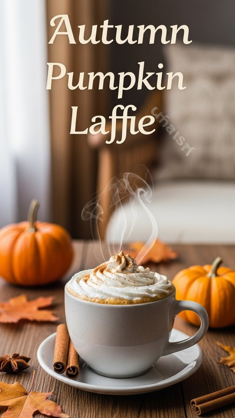 Autumn Pumpkin Spice Latte In Cozy Ceramic Mug Topped With Whipped Cream And Pumpkin Spice On Rustic Wooden Table With Fall Decor.