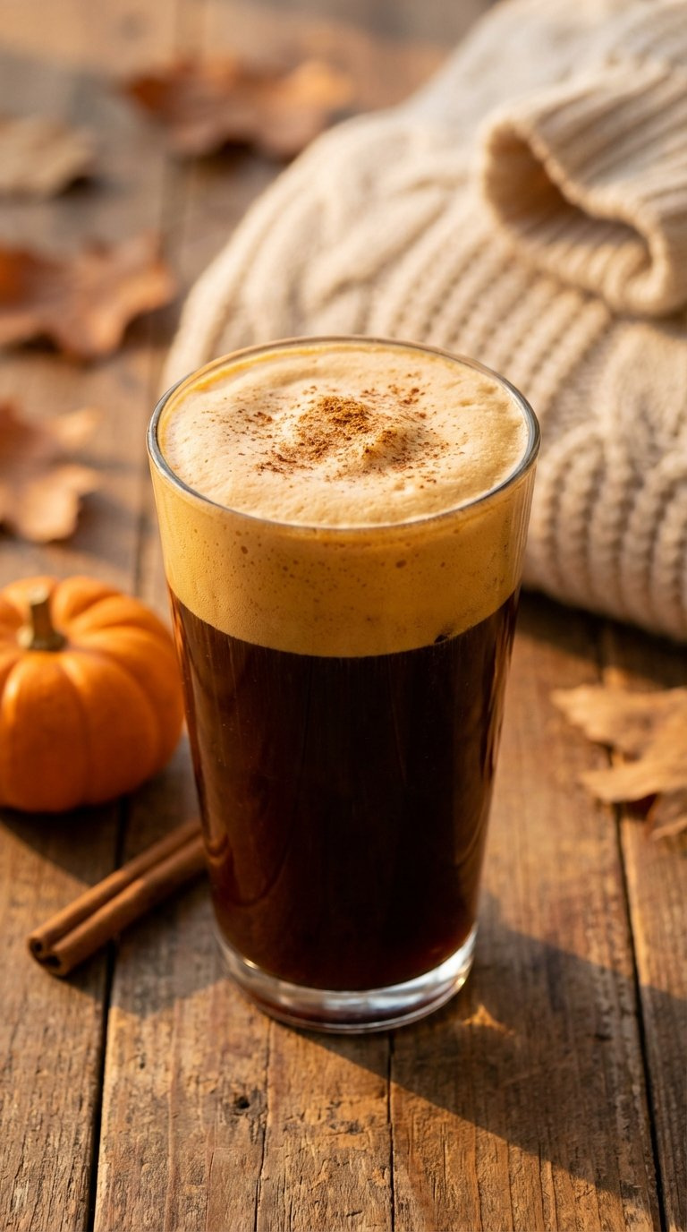 Autumn Spice Cold Foam Cold Brew With Dark Coffee And Spiced Orange Foam On Rustic Wooden Table