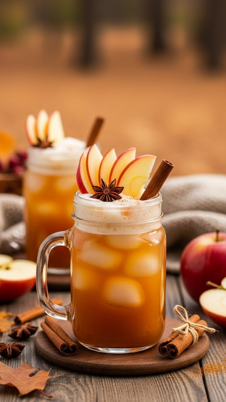 Autumn Spiced Apple Italian Soda With Cinnamon Stick And Apple Slice Garnish In Mason Jar On Rustic Wooden Table.