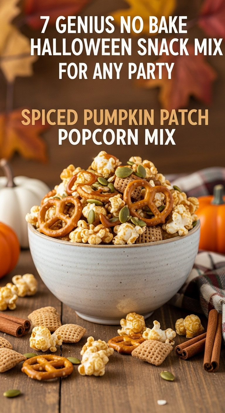 Autumnal Spiced Pumpkin Patch Popcorn Mix: Caramel, Pumpkin Seeds, Pretzels, Cinnamon Sugar On Rustic Wood. Cozy Fall Halloween Treat.