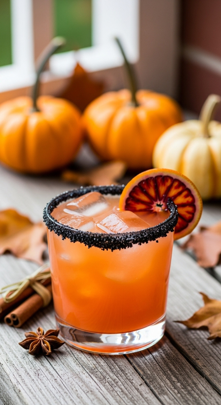 Autumnal Orange Haunted Pumpkin Patch Margarita With A Black Sugar Rim And Blood Orange Slice On A Weathered Wooden Plank.