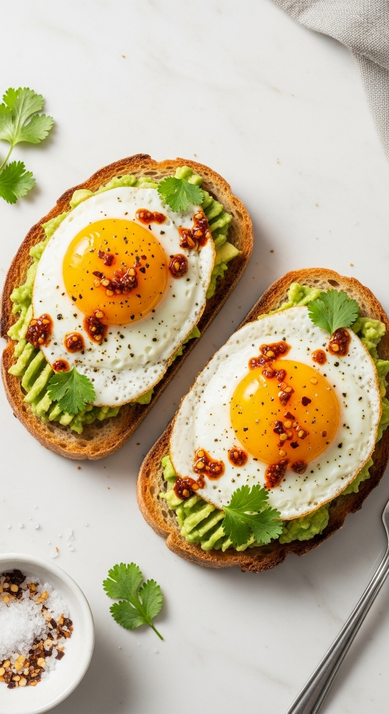 Avocado Toast With Fried Egg And Chili Crunch On Sourdough With Sea Salt Cilantro And Fork On Marble Countertop