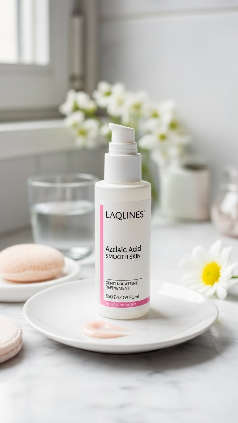 Azelaic Acid Serum Dispensed Onto Porcelain Dish From Minimalist Bottle For Smooth Skin Refinement