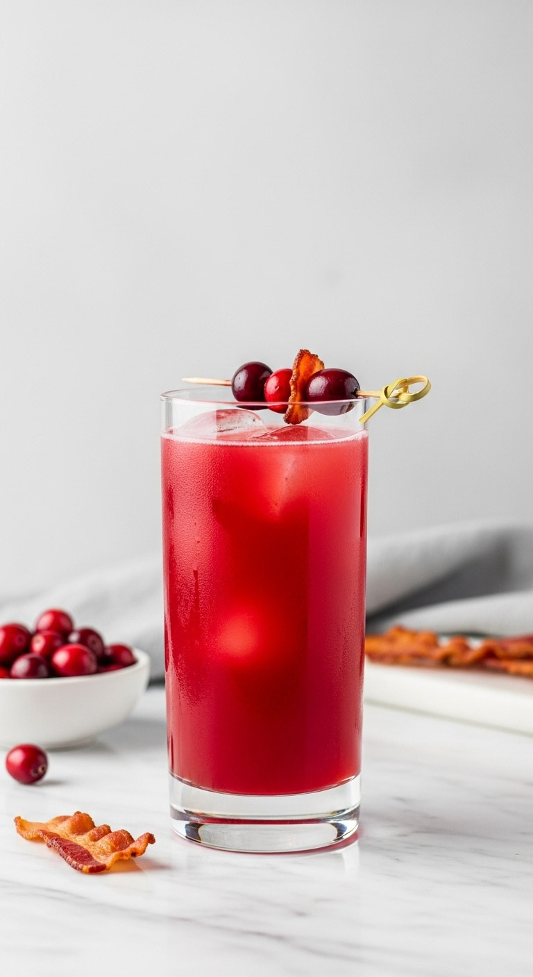 Bb-Witched Cranberry Bacon Cocktail In An Elegant Glass Garnished With Cranberries And Crispy Bacon