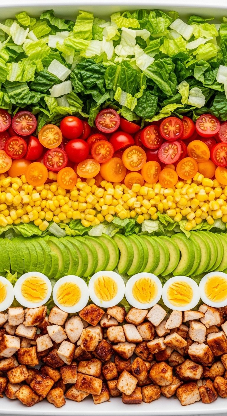 Bbq Chicken Cobb Salad With Romaine, Tomatoes, Avocado, Eggs, And Corn Arranged In Rows.