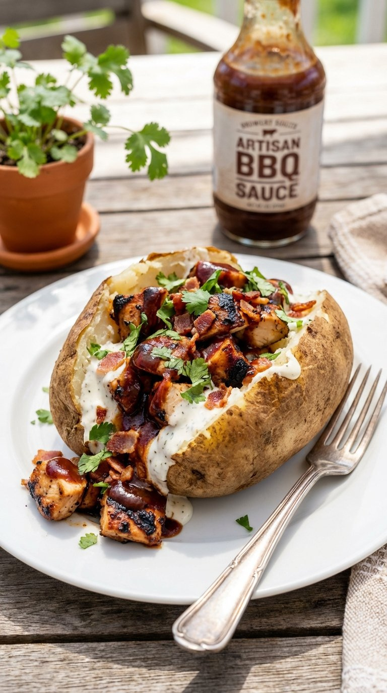 Bbq Grilled Chicken Baked Potato With Smoky Chicken, Ranch Dressing, Bacon Bits, And Fresh Cilantro On White Ceramic Plate