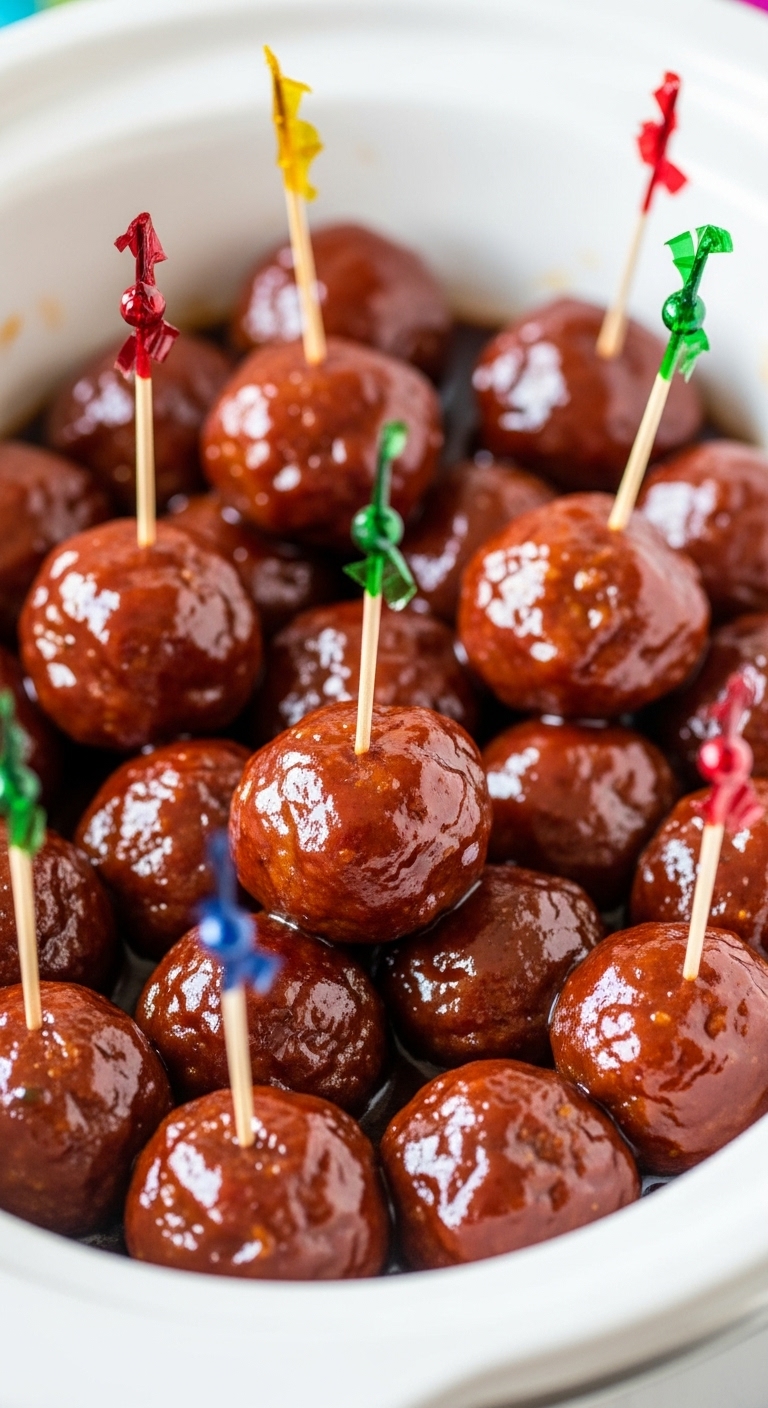 Bbq Meatballs With Colorful Toothpicks In A White Slow Cooker Filled With Glossy Sauce