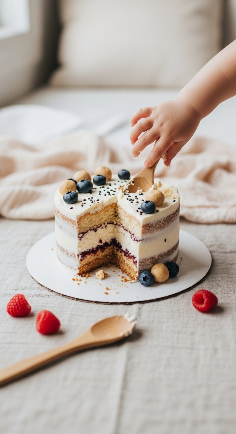 Baby-Safe Watermelon Smash Cake With Edible Seeds And A Handprint On A Neutral Linen Tablecloth.