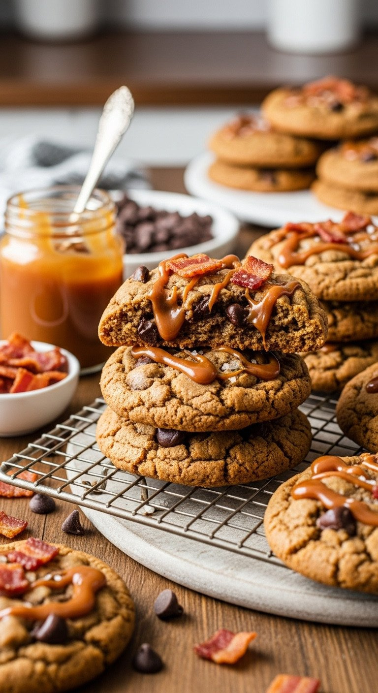 Bacon-Caramel Chocolate Chip Cookies With Gooey Salted Caramel On A Cooling Rack. Savory-Sweet Gourmet Dessert, Golden Brown.