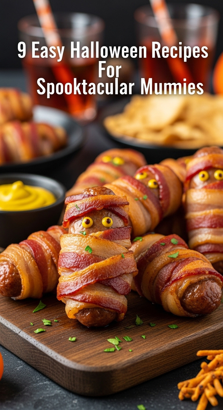 Bacon Wrapped Sausage Mummies On A Wooden Board With Mustard Eyes Perfect For A Halloween Party Appetizer