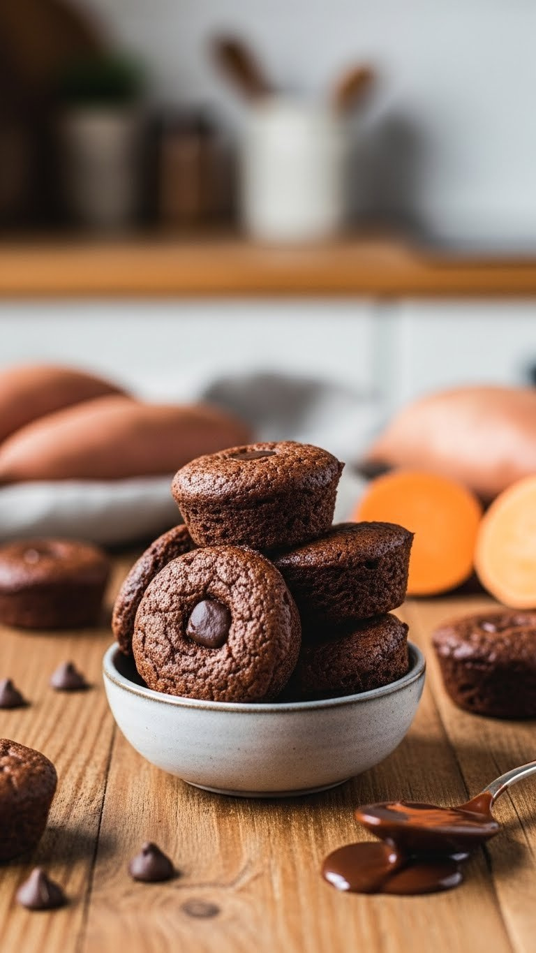 Bake-Free Sweet Potato Brownie Bites Stacked In Ceramic Bowl With Dense Fudgy Texture And Chocolate Chips.