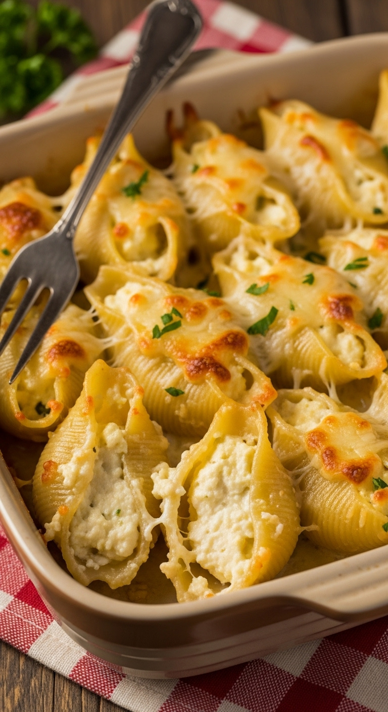 Baked Alfredo Stuffed Shells In A Stoneware Dish With Creamy Ricotta Filling For An Extra Creamy 15-Minute Meal