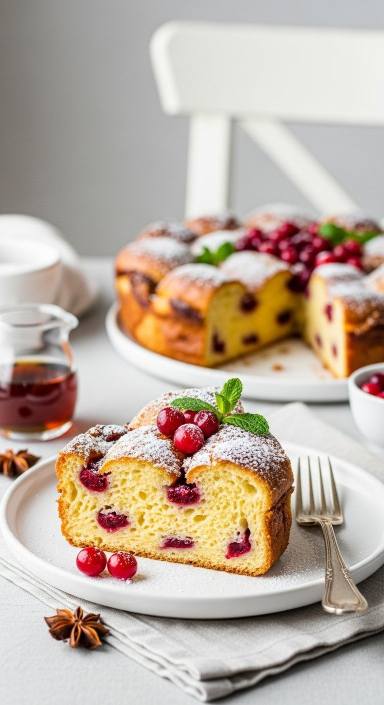 Baked Brioche French Toast Casserole Slice With Cranberries, Powdered Sugar, And Mint, On White Plate With Maple Syrup For Brunch.