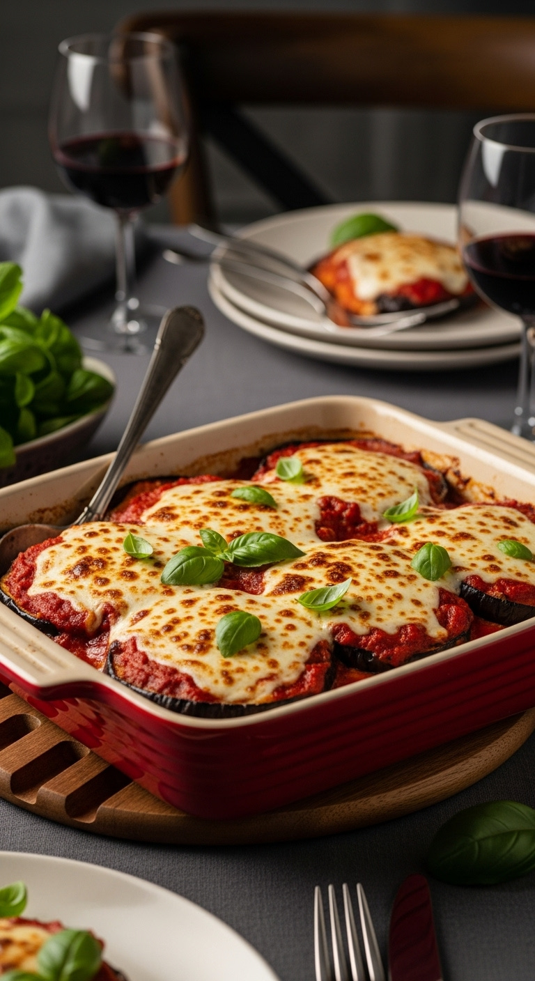Baked Eggplant Parmesan With Homemade Marinara In A Casserole Dish With Melted Mozzarella And Fresh Basil On A Wooden Trivet