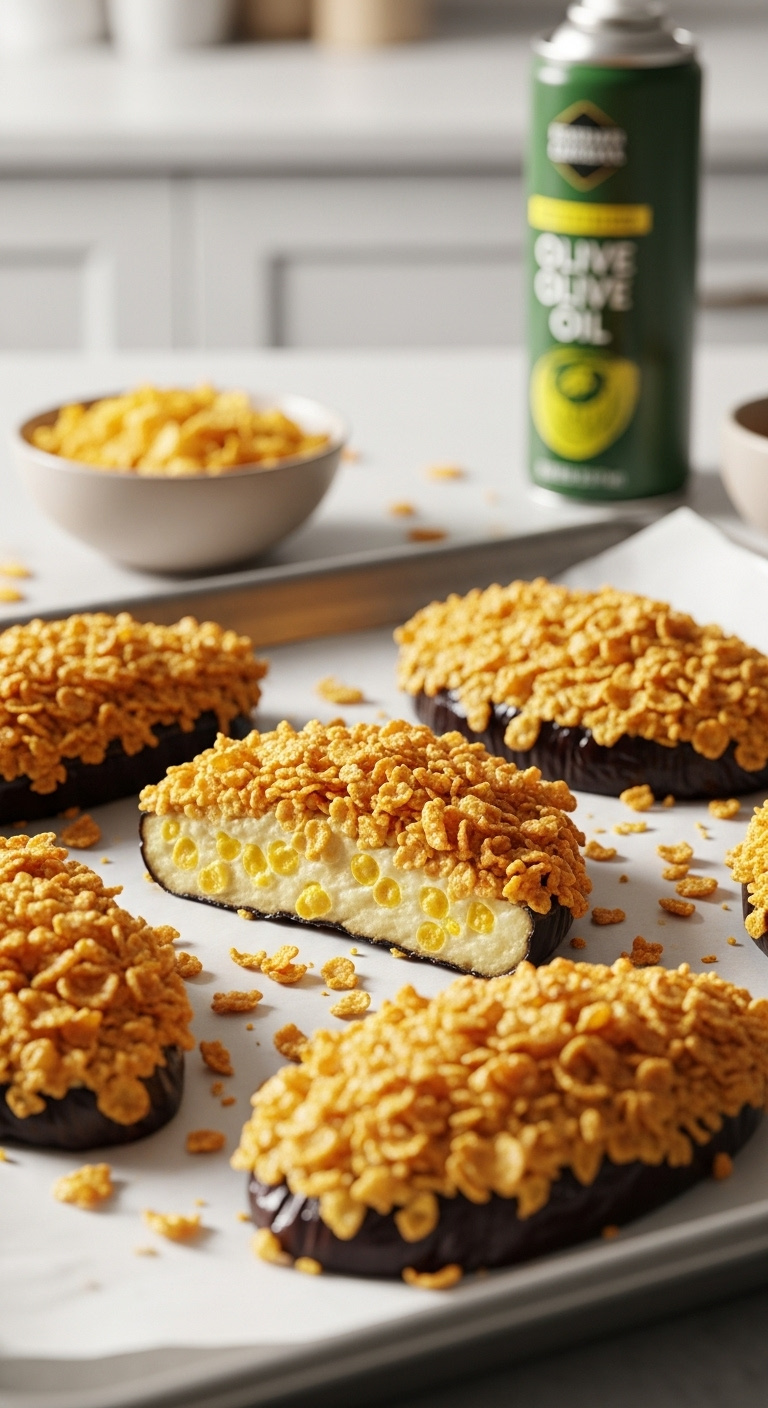 Baked Eggplant With Cornflake Breading On A Baking Sheet With Crushed Cornflakes And Olive Oil Spray