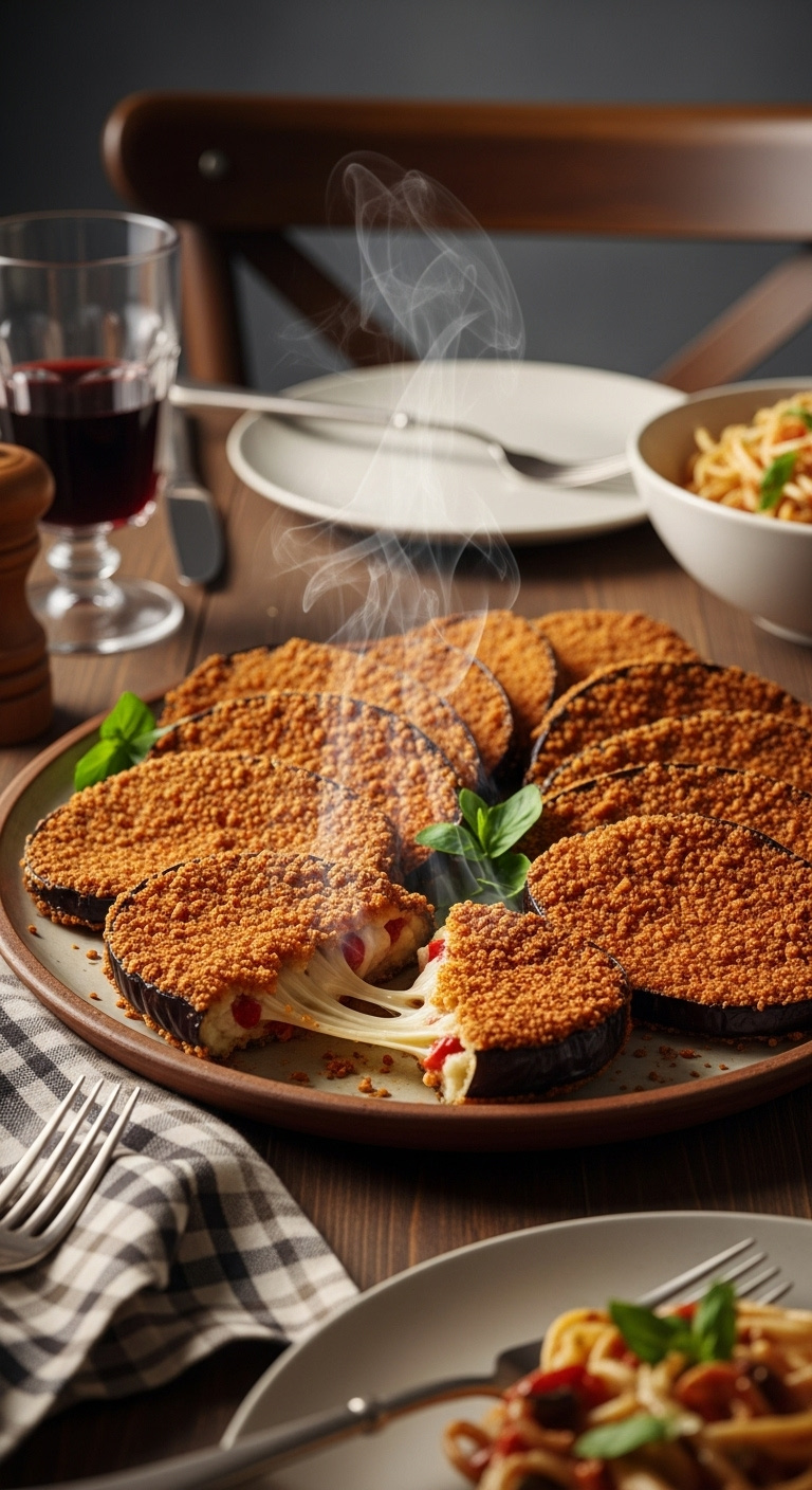 Baked Fried Breaded Eggplant On A Rustic Ceramic Platter With A Broken Slice Pasta Red Wine And A Napkin