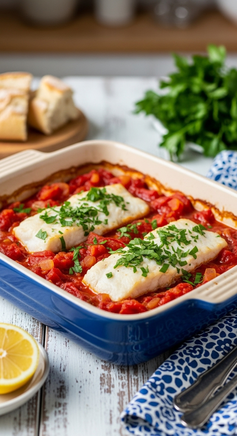 Baked Greek Fish With Tomatoes And Onions In A Blue Ceramic Baking Dish Garnished With Parsley On A Distressed White Wood Table