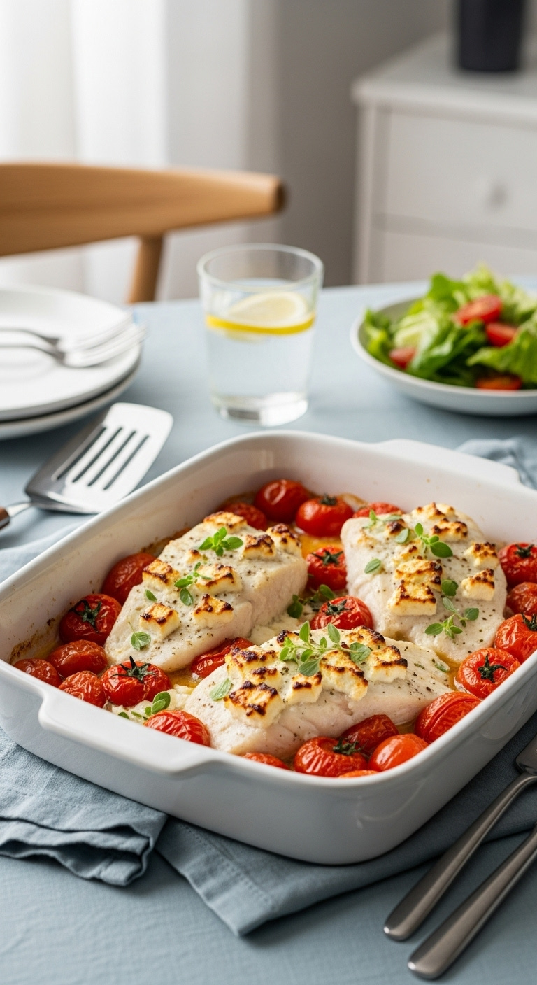 Baked Tilapia With Tomatoes And Feta Garnished With Fresh Oregano In A White Baking Dish On A Blue Linen Tablecloth