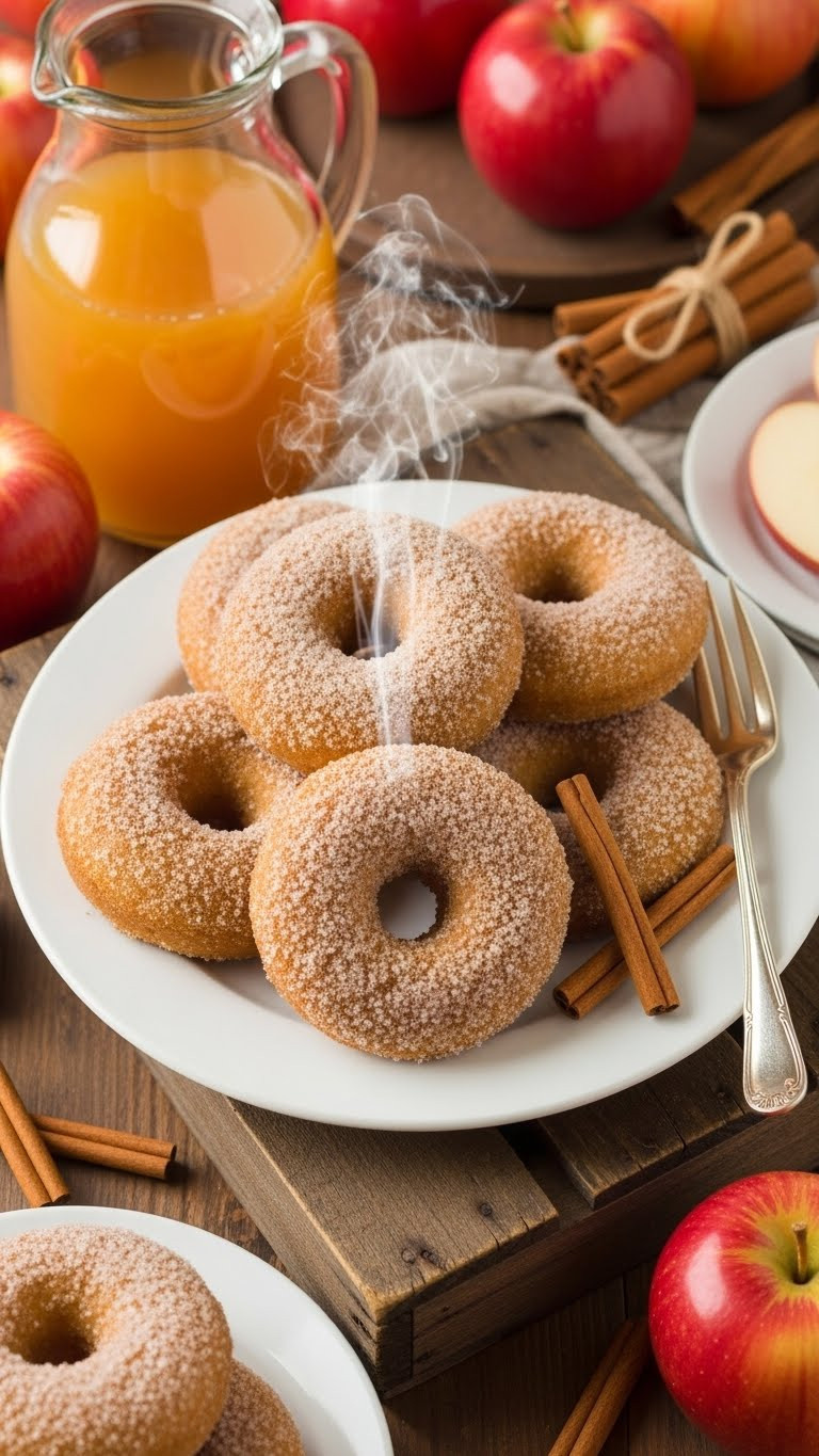 Baked Apple Cider Donuts On Rustic Wood With Fresh Apples And Cider