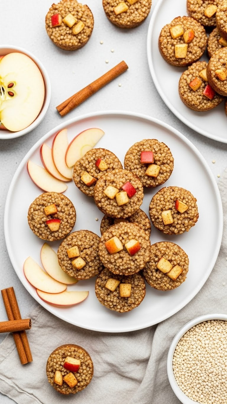 Baked Apple Cinnamon Quinoa Bites Artfully Arranged On White Platter With Cinnamon Sticks