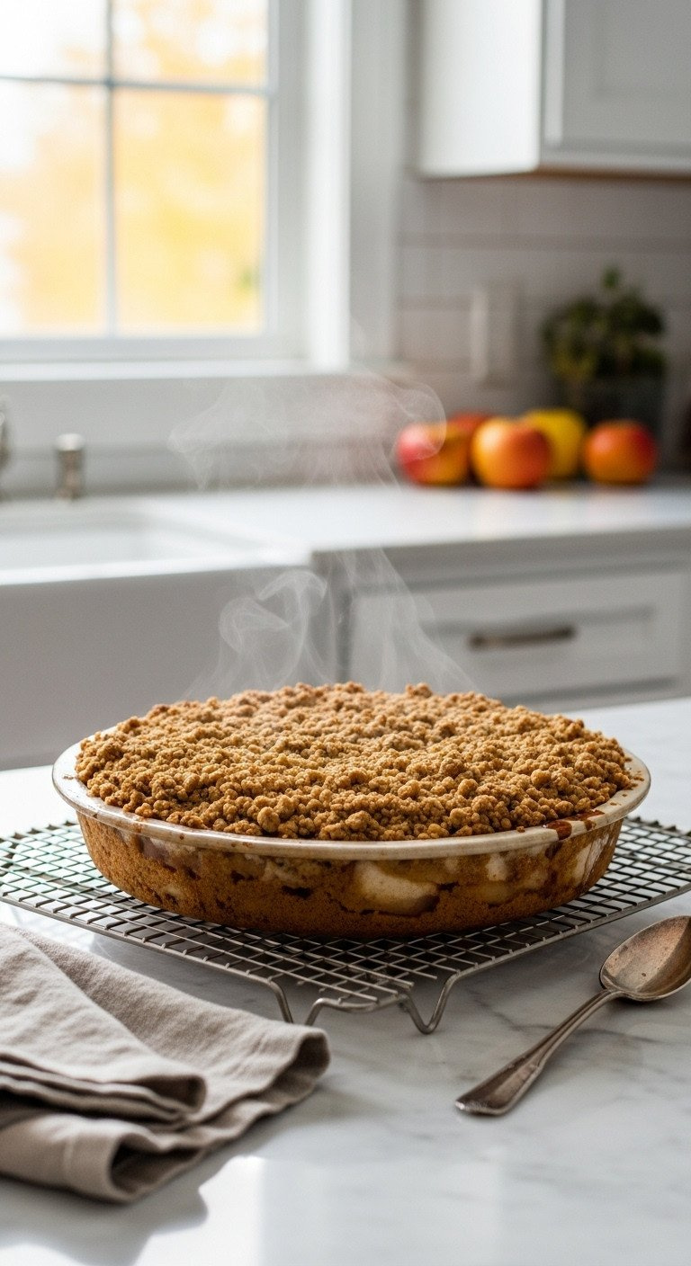 Baked Apple Crisp Cooling On A Rack On Marble Counter With Steam. Freshly Made Autumn Dessert.