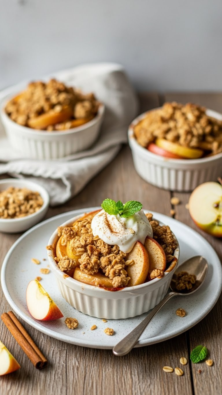 Baked Apple Crisp In Ramekin With Oat Topping On Rustic Wooden Table With Cinnamon Stick And Apple Slices