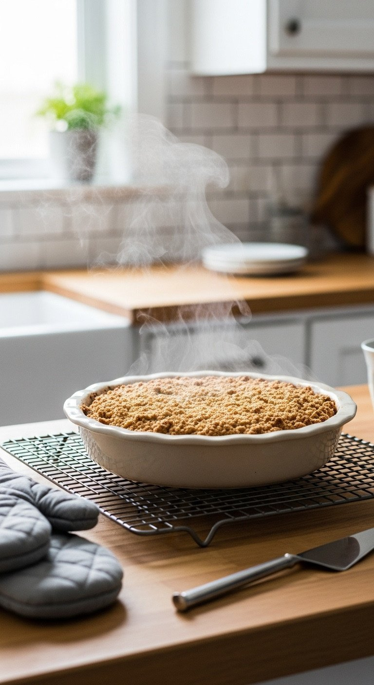 Baked Apple Crisp On A Wire Cooling Rack On A Butcher Block Counter, Steam Rising, With Oven Mitts Nearby.