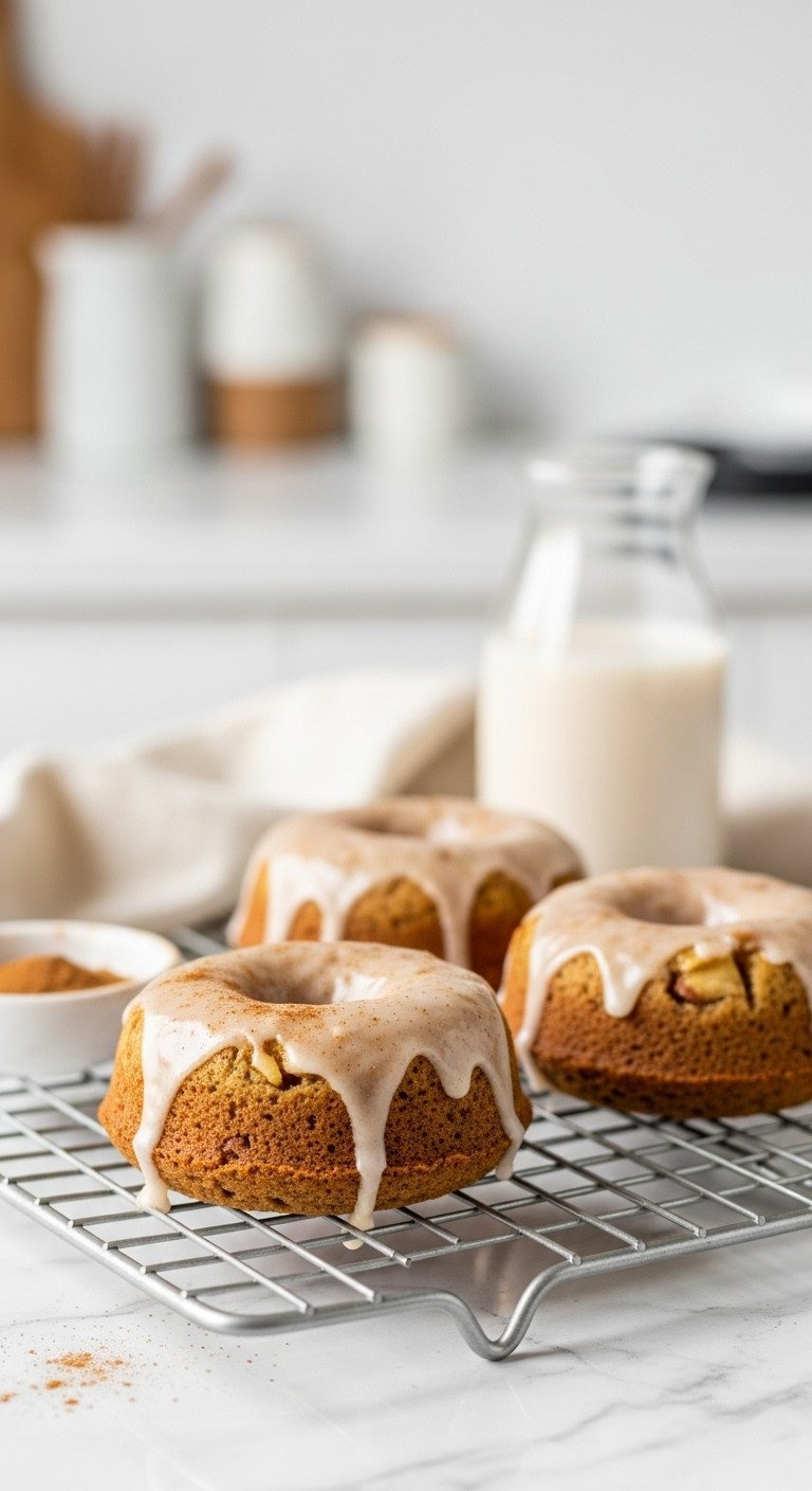Baked Apple Donuts With Cinnamon Glaze On A Cooling Rack, Showing Soft Texture And Apple Spice. Set On A White Marble Countertop.