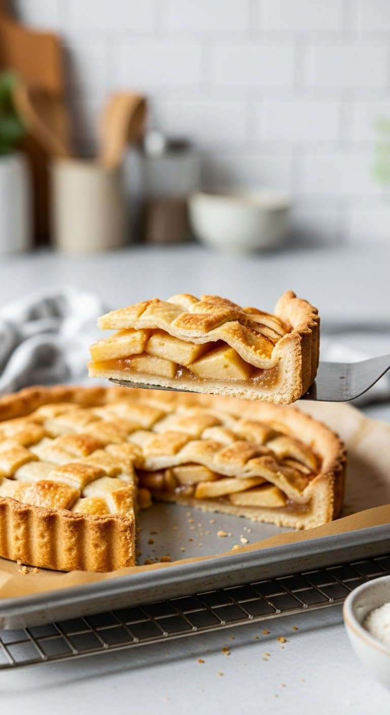 Baked Apple Tart With Golden Brown, Crisp Bottom Crust, Lifted From The Pan With A Spatula, Cooling On A Wire Rack.
