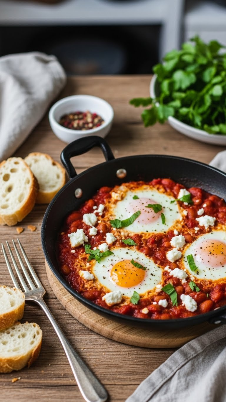 Baked Bean Shakshuka With Perfectly Poached Eggs In Rich Tomato Sauce And Crumbled Feta Cheese