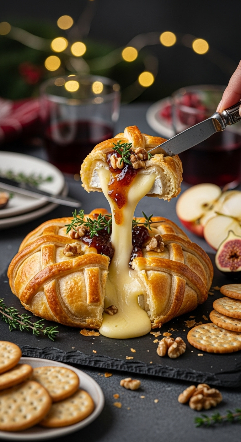 Baked Brie In Puff Pastry With Fig Jam Thyme And Walnuts On A Slate Board With Crackers Apples And Red Wine