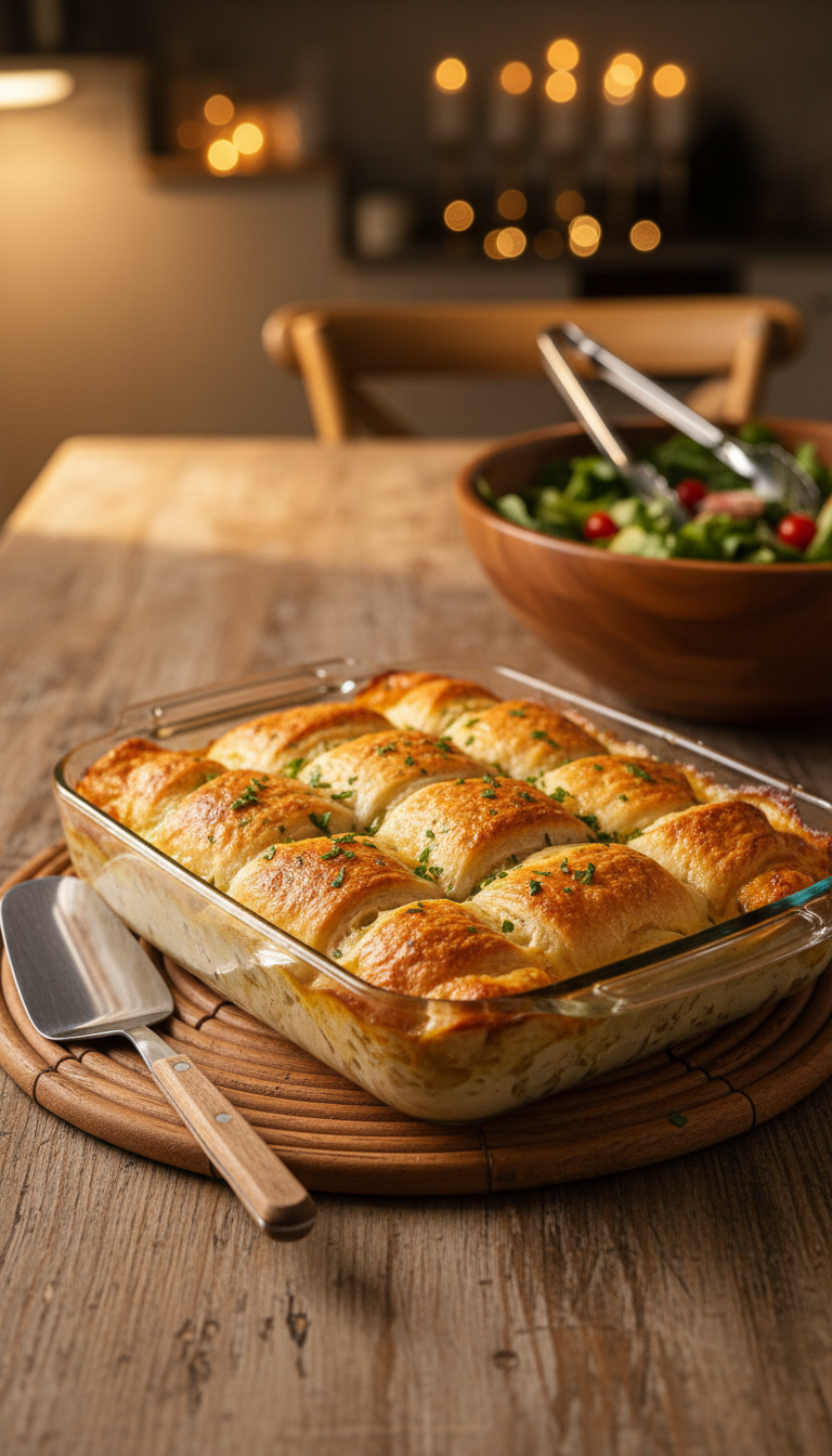 Baked Cheesy Chicken Crescent Casserole With Golden Brown Tops And Parsley Garnish On Trivet.