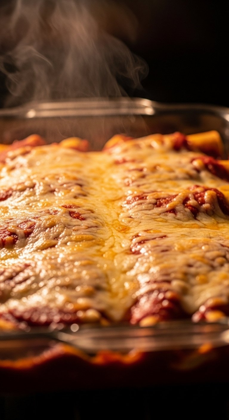 Baked Chicken Enchilada Casserole Smothered In Red Sauce And Topped With Golden Bubbly Melted Cheese.
