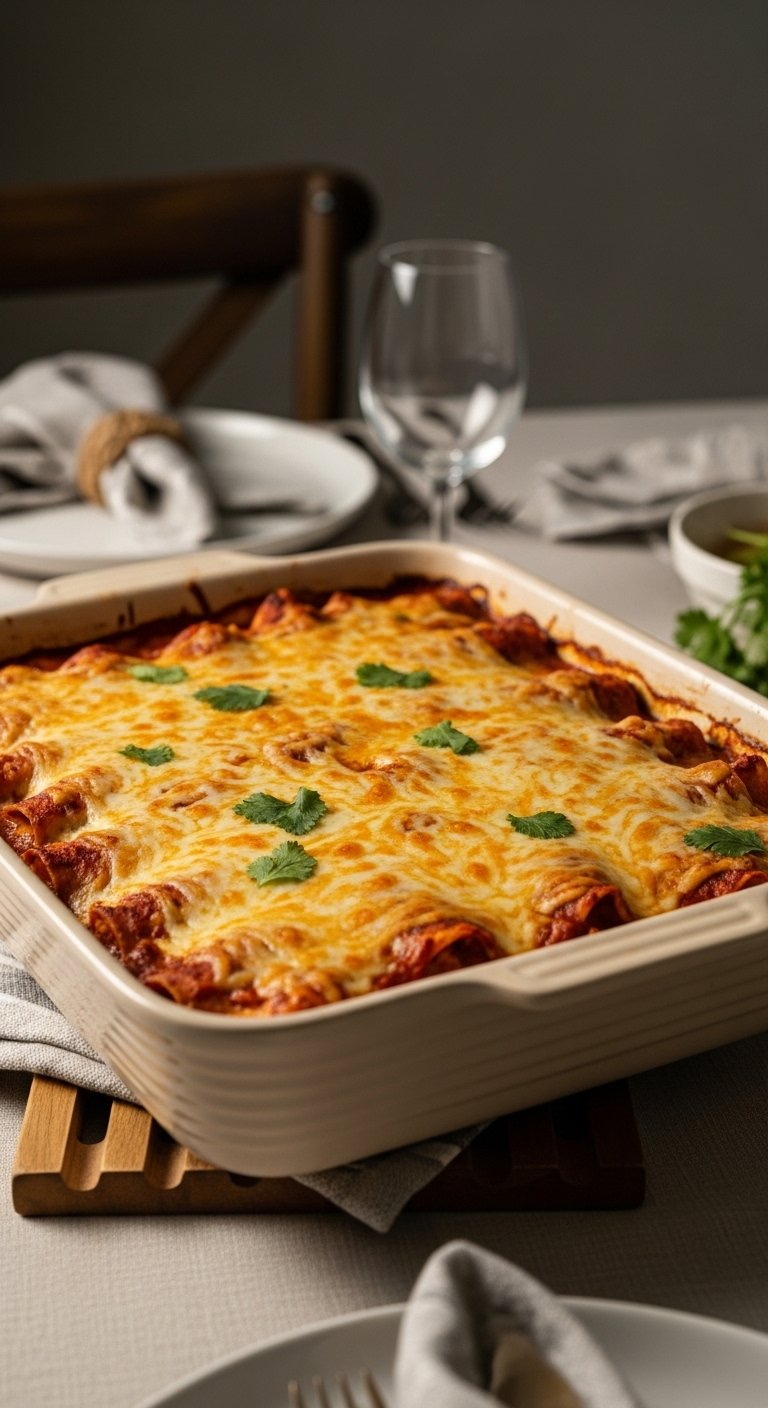Baked Chicken Enchilada Casserole With Bubbly Sauce And Melted Cheese Garnished With Fresh Cilantro.