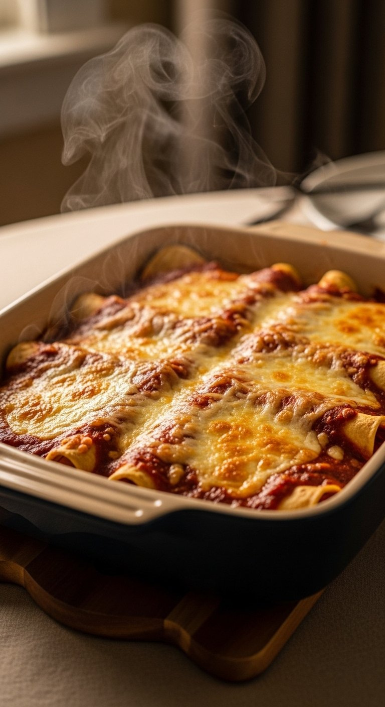Baked Chicken Enchiladas Golden Brown And Bubbly With Melted Cheese On A Wooden Trivet.