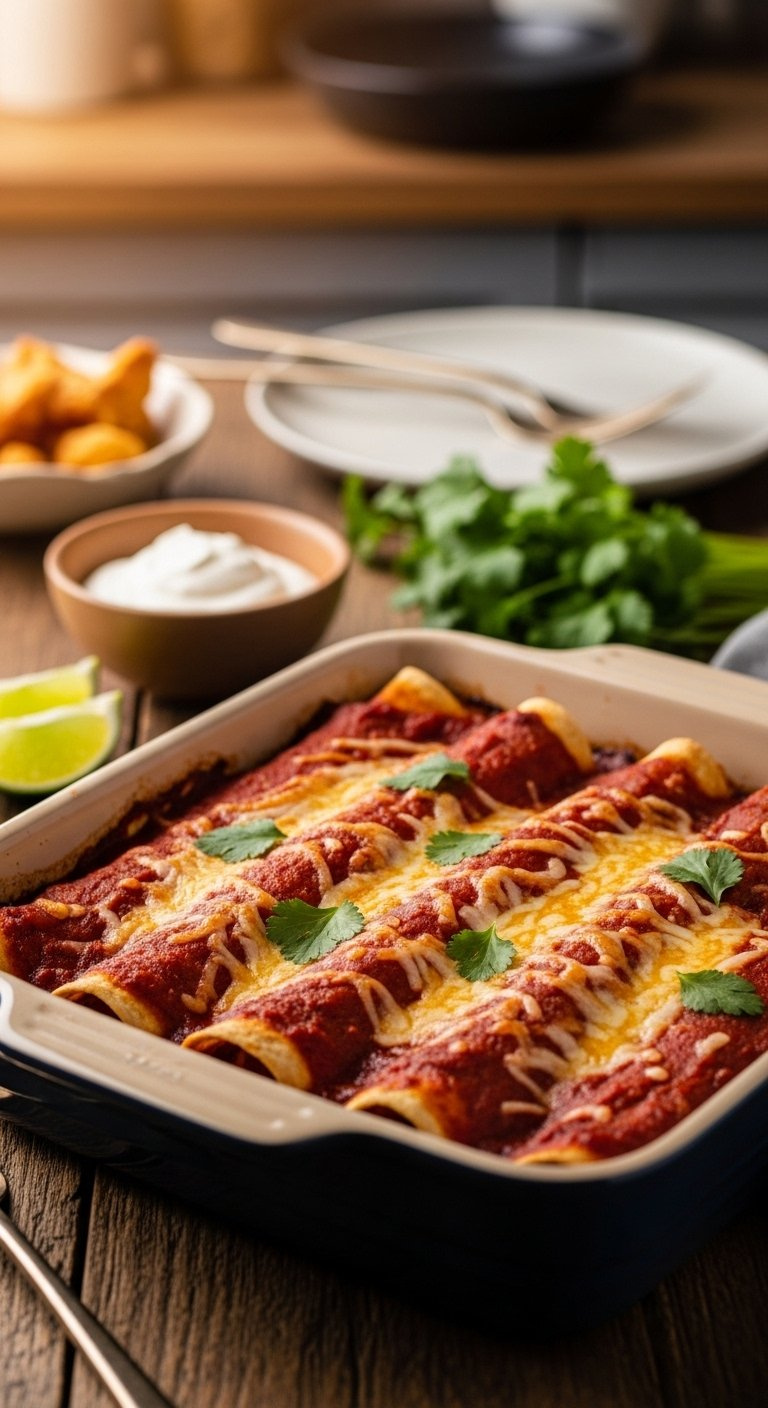 Baked Chicken Enchiladas In A Dish Topped With Melted Cheese And Fresh Cilantro On A Rustic Wooden Table.