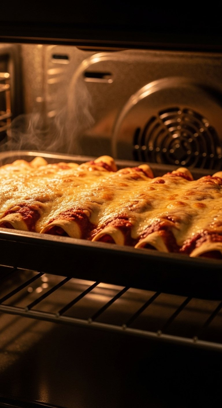 Baked Chicken Enchiladas With Melted Bubbly Golden Cheese And Simmering Red Sauce In The Oven.