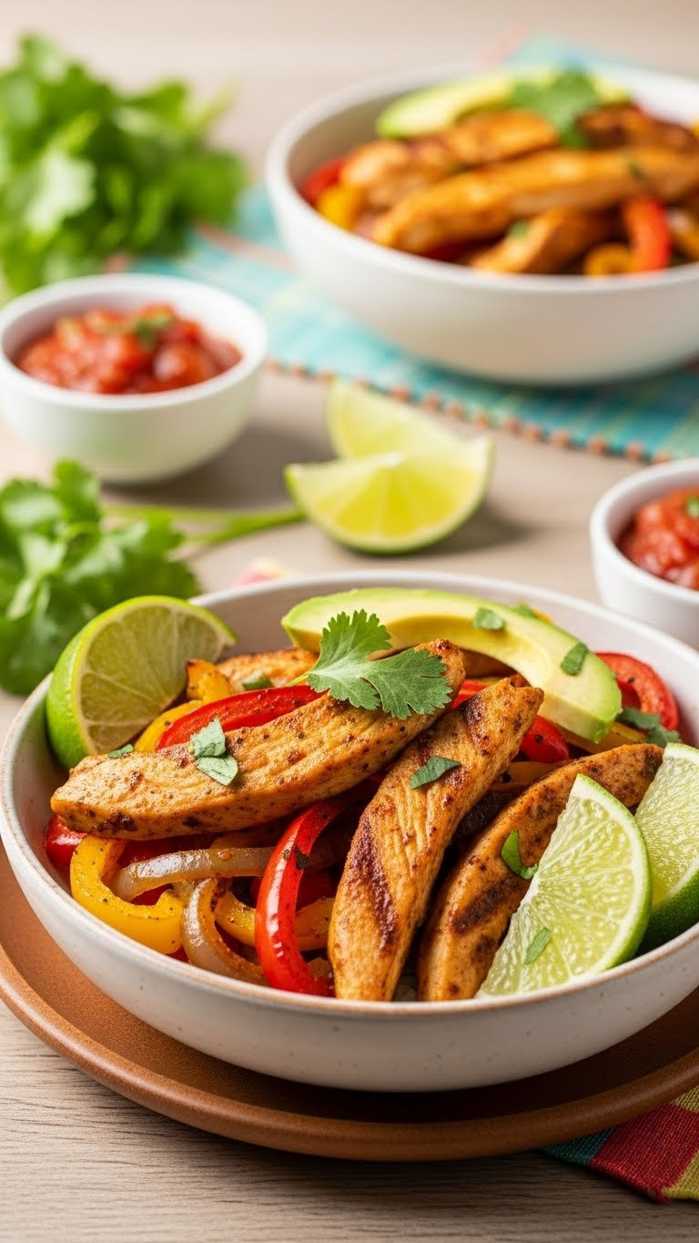 Baked Chicken Fajita Bowls With Roasted Chicken Strips, Colorful Peppers, Onions, And Fresh Toppings