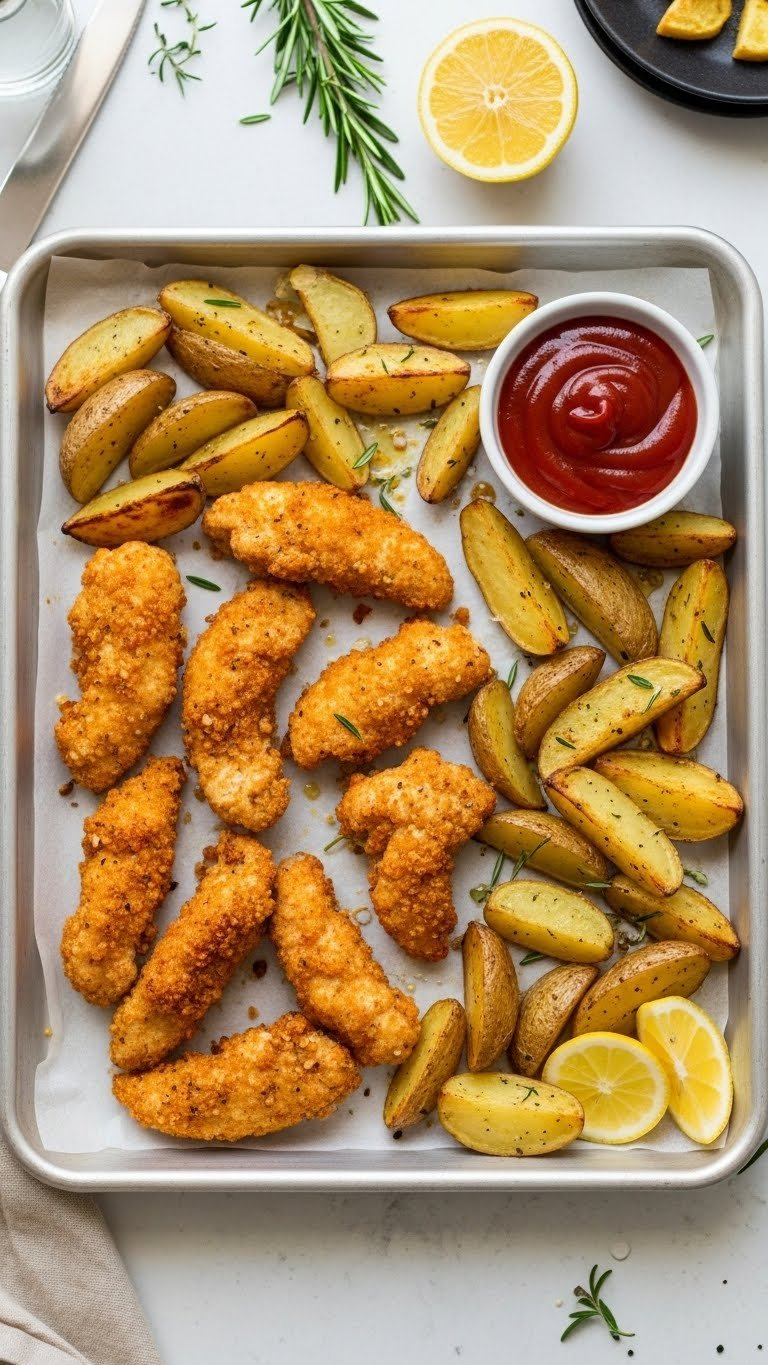 Baked Crispy Chicken Strips With Roasted Potato Wedges And Fresh Herbs Arranged On A Baking Sheet
