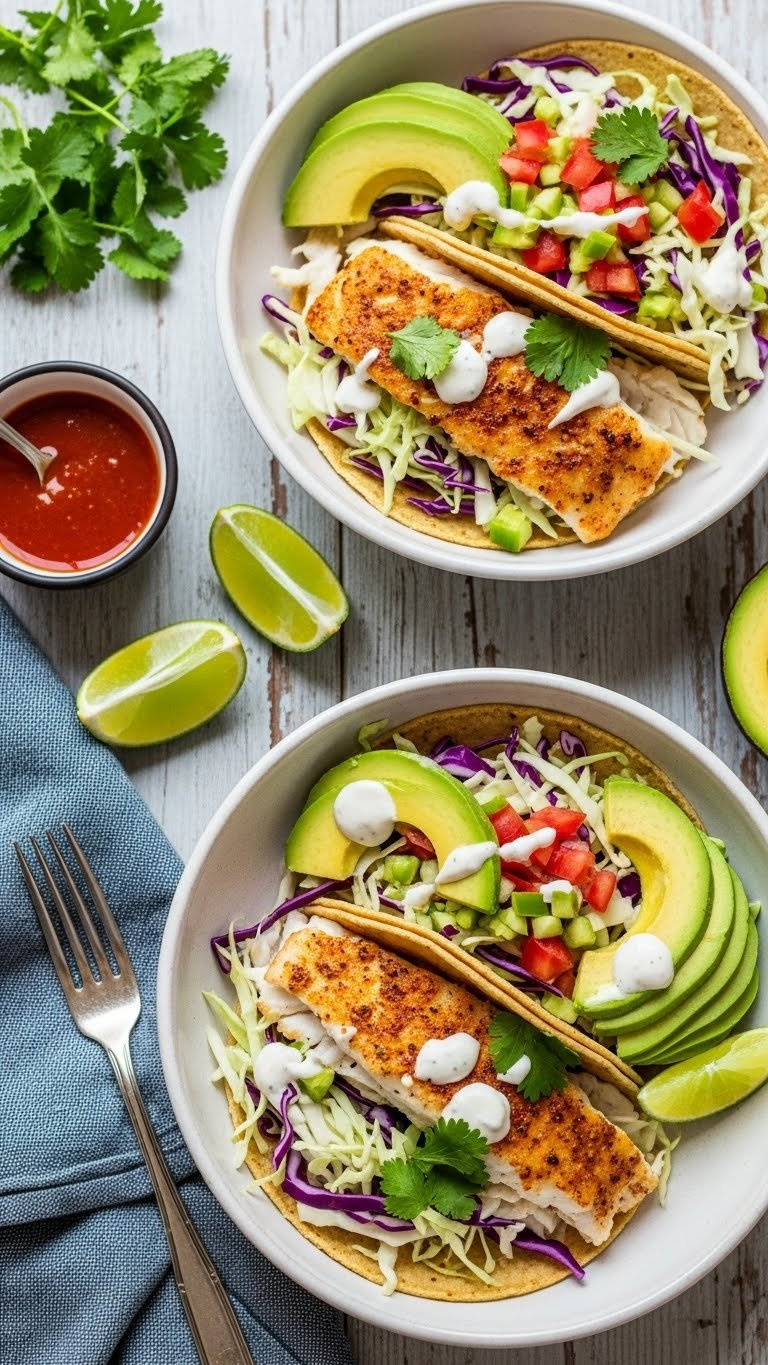 Baked Fish Taco Bowls With Seasoned White Fish, Cabbage, Avocado, And Fresh Salsa In Ceramic Bowls